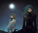  blue_eyes blue_hair coat edo_phoenix formal hands_in_pockets long_hair marufuji_ryou moon multiple_boys necktie silver_hair smile suit tsuta yuu-gi-ou yuu-gi-ou_gx 