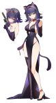  1girl absurdres animal_ear_fluff animal_ears bare_shoulders black_dress black_panties black_shoes black_thighhighs blood blood_on_arm blood_on_face blush breasts closed_mouth clothing_cutout commentary_request covered_navel cropped_torso cutout_above_navel cuts diamond_cutout dress elbow_gloves extra_ears full_body glock gloves gradient_clothes gradient_dress gun hair_between_eyes hairband hand_up handgun head_tilt high_heels highres holding holding_gun holding_weapon injury large_breasts legs light_smile long_dress looking_at_viewer majo_(pastamajo) medium_hair multicolored_dress multiple_views original panties purple_dress purple_gloves purple_hair red_hairband shoes simple_background single_thighhigh sleeveless sleeveless_dress suppressor thighhighs two-tone_dress underwear weapon white_background 