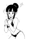  ! !! 1girl artist_name bare_shoulders bra breasts chi-chi_(dragon_ball) dragon_ball dragon_ball_z eyelashes ghouse_01 hair_bun highres looking_to_the_side medium_breasts monochrome nervous open_mouth panties sidelocks solo stomach sweat underwear 