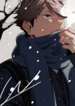  1boy backpack bag bare_tree blue_scarf brown_eyes brown_hair closed_mouth commentary_request grey_background haikyuu!! highres kkno_k male_focus oikawa_tooru_(haikyuu!!) one_eye_closed scarf short_hair sideburns signature simple_background snowing solo sweater tree 