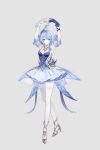  1girl armpits arms_up asymmetrical_gloves bare_shoulders blue_dress blue_gloves bridal_gauntlets closed_mouth coldeye commentary detached_sleeves dress full_body genshin_impact gloves gold_shoes grey_background high_heels highres looking_at_viewer medium_hair mismatched_gloves odette_(genshin_impact) pantyhose purple_eyes shoes short_sleeves simple_background solo standing strapless strapless_dress strappy_heels white_bridal_gauntlets white_pantyhose 