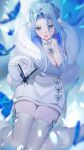  1girl absurdres blue_butterfly blue_eyes blue_hair boots breasts bug butterfly cleavage coat fur-trimmed_coat fur_trim gloves grey_boots highres indie_virtual_youtuber long_hair medium_breasts monarch_amalee monarch_amalee_(winter) ponytail solo thighhighs thighs virtual_youtuber white_coat white_gloves white_thighhighs zyo_bo_bo 
