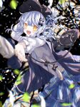  1girl :d bag bird_hat_ornament black_bag black_bow black_capelet black_hat blue_hair blue_necktie blue_skirt bow braid braided_hair_rings broken_glass capelet collared_shirt commentary_request deerstalker glass grey_vest hair_bow hair_rings hat hat_bow highres holding holding_magnifying_glass long_sleeves looking_at_viewer magnifying_glass mahou_shoujo_no_majo_saiban necktie open_mouth plaid_clothes plaid_skirt shirt short_hair skirt smile solo stained_glass tachibana_sherry tatsunami1379 vest white_shirt yellow_eyes 