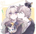  ! 1boy 1girl absurdres animal animal_on_head animalization aqua_hair black_hairband black_jacket blue_pupils blush caelus_(honkai:_star_rail) cat cat_on_head closed_eyes commentary firefly_(honkai:_star_rail) firefly_(little_cat)_(honkai:_star_rail) gradient_hair grey_hair hair_between_eyes hairband hetero highres holding holding_animal holding_cat honkai:_star_rail honkai_(series) hood hooded_jacket jacket kiss kissing_cheek long_sleeves looking_at_viewer multicolored_hair multicolored_hairband official_alternate_costume on_head person_and_animalization purple_eyes shirt short_hair simple_background t_tperopero trailblazer_(honkai:_star_rail) two-tone_background two-tone_hairband upper_body white_background white_hairband white_shirt yellow_background 