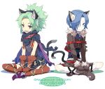  2boys animal_ear_fluff animal_ears blue_hair boots brown_gloves cat_boy cat_ears cat_tail chain character_request closed_mouth commentary_request copyright_name crossover curtained_hair dark_hunter_(sekaiju) dark_hunter_1 full_body fur_trim gloves grand_knights_history green_hair grey_boots grey_jacket jacket l_(matador) long_hair looking_at_viewer male_focus multiple_boys open_mouth sekaiju_no_meikyuu sekaiju_no_meikyuu_1 short_hair simple_background sitting smile tail teeth upper_teeth_only white_background 