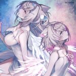  2girls animal_ears blonde_hair blue_eyes blue_hairband blue_streaks breasts cleavage commentary_request crossed_bangs dog_ears dog_girl dog_tail double-parted_bangs dress fuwawa_abyssgard hair_between_eyes hairband hololive hololive_english large_breasts long_hair looking_up mococo_abyssgard multicolored_hair multiple_girls official_art pink_eyes pink_hairband pink_streaks pochi_(pochi-goya) short_hair siblings sisters sleeveless sleeveless_dress small_breasts spaghetti_strap streaked_hair tail twins two_side_up virtual_youtuber white_dress wings 