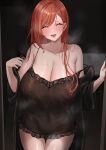  1girl absurdres arisugawa_natsuha bare_shoulders blush breasts cleavage closed_eyes commentary_request doorway earrings hair_behind_ear highres huge_breasts idolmaster idolmaster_shiny_colors jewelry long_hair nightgown open_mouth orange_hair parted_bangs solo standing strap_slip stud_earrings sweat swept_bangs torishu_(kumataka_4867) 
