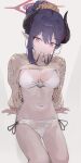  1girl absurdres bikini black_hair black_horns blue_archive blush breasts chiaki_(blue_archive) chiaki_(swimsuit)_(blue_archive) cleavage commentary demon_horns hair_bun hair_ornament hair_scrunchie halo highres horns jewelry long_hair long_sleeves looking_at_viewer medium_breasts mouth_hold navel necklace o-ring official_alternate_costume official_alternate_hairstyle pendant pjkka pointy_ears red_eyes scrunchie see-through_clothes see-through_shrug shrug_(clothing) solo stomach swimsuit thighs white_bikini yellow_shrug 