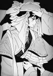  1girl 3others absurdres adjusting_clothes boqta closed_mouth commentary_request cowboy_shot hand_up hat highres khulan_(tenmaku_no_jaadugar) korean_commentary mongolian_clothes multiple_others natasha_thetis open_clothes open_robe profile robe simple_background sleeves_past_fingers sleeves_past_wrists standing tenmaku_no_jaadugar veil wide_sleeves 