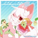  1girl :3 ahoge animal_ear_fluff animal_ears bell blue_background blush chiko_(mew_mew_chikorita_moon) chikorita claws closed_mouth commentary_request english_commentary fluffy furry furry_female gradient_background hair_bell hair_ornament hair_ribbon highres holding holding_pokemon jingle_bell long_hair looking_at_viewer mew_mew_chikorita_moon mixed-language_commentary neck_fur one_eye_closed original pokemon pokemon_(creature) red_eyes ribbon signature smile striped_background upper_body white_hair 