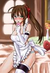  apron blue_eyes blush breasts brown_hair cleavage condom elbow_gloves gloves green_eyes heterochromia large_breasts long_hair looking_at_viewer open_mouth original panties ponytail sitting solo underwear zaxwu 