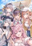  5girls absurdres ahoge and_uge animal_ear_fluff animal_ears aqua_eyes asymmetrical_legwear black_hairband black_hat black_thighhighs blonde_hair blue_eyes breasts cleavage closed_mouth cloud commentary_request earrings facial_mark fang fishnet_thighhighs fishnets ginjo_saine grey_hair hairband hakui_koyori hat highres hololive igarashi_rika index_finger_raised jacket jewelry long_hair long_sleeves looking_at_viewer midriff mismatched_legwear mole mole_on_breast mole_under_eye momoko_(momopoco) multicolored_hair multiple_girls nanashi_inc. navel nijisanji nijisanji_en official_artist_extra one_eye_closed open_clothes open_jacket open_mouth orange_hair outdoors pentomo_(petra_gurin) petra_gurin pink_hair purple_hair shirt short_sleeves smile stomach thighhighs tokyo_big_sight tongue tongue_out uneven_legwear v virtual_youtuber vspo! white_hat white_shirt wolf_ears wolf_girl yellow_eyes yellow_jacket 