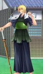  1boy architecture armor barefoot black_(artist) blonde_hair blue_kimono bougu closed_mouth commentary_request dou east_asian_architecture fate/grand_order fate_(series) feet_out_of_frame game_asset green_eyes hair_between_eyes japanese_armor japanese_clothes jason_(academy_outfit)_(fate) jason_(fate) kendo kimono looking_at_viewer male_focus official_art outdoors partial_commentary planted planted_sword shinai short_hair short_sleeves smile solo sword third-party_source towel towel_around_neck weapon wooden_sword 