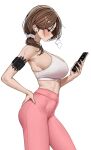  1girl absurdres airpods arm_strap blush breasts brown_eyes brown_hair cellphone commentary crop_top gwan-e hair_ornament hair_scrunchie hand_on_own_hip highres holding holding_phone ishikawa_anna_(gwan-e) large_breasts leggings mature_female medium_hair original pants phone pink_leggings ponytail scrunchie smartphone solo sports_bra sweat untranslatable_commentary white_background white_sports_bra wireless_earphones workout_clothes yoga_pants 