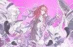  1girl absurdres bare_shoulders breasts check_commentary chinese_commentary cleavage commentary_request cowboy_shot detached_sleeves dress falling_feathers feathered_wings feathers hair_intakes hair_ornament highres large_breasts long_sleeves looking_to_the_side mechanical_wings medium_hair mole mole_on_breast pink_background pink_hair pointy_ears purple_eyes remielle_dan solo standing star_(symbol) star_hair_ornament thighhighs turning_head white_dress white_sleeves white_wings wings zenless_zone_zero zzzzzm_jiangzhouzi 