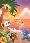  absurdres alolan_exeggutor alolan_raichu beach beak bird black_eyes bubble cat colored_sclera commentary_request fangs fins flower flying highres litten long_neck multiple_heads no_humans open_mouth outdoors owl palm_tree pikipek pink_nose pokemon pokemon_(creature) pokemon_focus pokemon_sun_and_moon popplio ririko_(nagareboshi) rowlet sea_lion star_(sky) starter_pokemon_trio sunset tree trumbeak water wings woodpecker yellow_sclera 