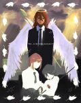  1boy 2girls angel_devil_(chainsaw_man) angel_wings black_jacket black_necktie black_pantyhose chainsaw_man commentary expressionless hair_between_eyes halo highres holding holding_shovel jacket long_sleeves makima_(chainsaw_man) mouse_(animal) multiple_girls necktie nekochan_suuu pantyhose red_hair reze_(chainsaw_man) shirt shovel traditional_halo untranslatable_commentary white_shirt white_wings wings 