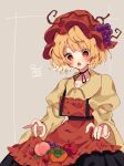  1girl :o aki_minoriko apple apron black_ribbon black_skirt blonde_hair choker collarbone commentary_request food fruit grape_hat_ornament grapes hat highres mob_cap open_mouth peach persimmon red_apron red_eyes red_hat ribbon ribbon_choker roamu_65 shirt simple_background skirt solo touhou yellow_shirt 