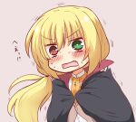  1girl black_cape blonde_hair blush bright_pupils cape chibi chibi_only commentary_request dracu-riot! eyes_visible_through_hair fang green_eyes hair_between_eyes hakutocake heterochromia long_hair looking_at_viewer low_ponytail motion_lines necktie nicola_cepheus open_mouth orange_necktie ponytail red_eyes shirt solo sweat translation_request trembling two-sided_cape two-sided_fabric upper_body v-shaped_eyebrows very_long_hair white_pupils white_shirt wide-eyed 