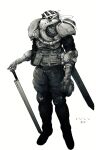  1boy armor artist_name bald bandaged_head bandages cable dithering faux_traditional_media horns knee_pads looking_at_viewer mask mechanical_arms mykell_pledger original pauldrons pouch respirator scabbard science_fiction sheath shoulder_armor standing sword thigh_pouch weapon white_background white_eyes 