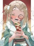  1girl absurdres blonde_hair blue_kimono blush commentary_request facepaint gakuen_idolmaster h4ru hagoita hair_ornament hairclip heavy_breathing highres idolmaster japanese_clothes kimono long_hair obi one_eye_closed paddle sash shinosawa_hiro smile solo yellow_eyes 