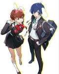  1boy 1girl animal_ears black_jacket blue_eyes blue_hair bow bowtie brown_hair chinese_commentary closed_mouth collared_shirt commentary_request gekkoukan_high_school_uniform hair_ornament hair_over_one_eye hairclip hands_in_pockets headphones highres jacket long_sleeves looking_at_viewer mp3_player neck_ribbon pants persona persona_3 persona_3_portable rabbit_ears red_bow red_eyes ribbon school_uniform shiomi_kotone shirt short_hair simple_background skirt smile translation_request white_shirt yuan_quanquan_ren yuuki_makoto_(persona_3) 