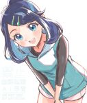  1girl :d artist_name black_shirt blue_eyes blue_hair blush commentary_request hair_ornament hairclip highres hood hood_down hoodie leaning_forward liko_(pokemon) looking_at_viewer oka_3776 open_mouth parallel_hairclips pokemon pokemon_(anime) pokemon_horizons ponytail shirt short_hair shorts simple_background sleeveless sleeveless_hoodie smile solo watermark white_background white_shorts 
