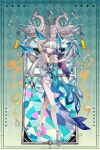  1girl aqua_dress arm_above_head arm_across_chest arm_up armlet armpits arms_across_body bracelet breasts changmingsuo closed_mouth coldeye commentary_request dress earrings full_body grey_hair hair_between_eyes high_heels highres honkai:_star_rail honkai_(series) jewelry legs_apart long_hair multicolored_eyes peacock_feathers peacock_feathers_hair_ornament peacock_print purple_eyes sideboob smile solo standing tassel tassel_earrings thighs two-tone_dress two-tone_eyes yao_guang_(honkai:_star_rail) 