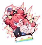 1girl :d ;d absurdres ahoge birthday_cake black_jacket blue_archive blue_eyes blush_stickers bright_pupils cake candle commentary cropped_torso double-parted_bangs double_bun food hair_between_eyes hair_bun halo hat highres holding jacket long_sleeves maki_(blue_archive) mini_hat nazomaki_(blue_archive) one_eye_closed open_mouth outline party_hat patanda red_hair red_halo short_hair simple_background smile solo striped_clothes striped_headwear white_background white_outline white_pupils yellow_hat 