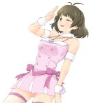  1boy akizuki_ryo antenna_hair breast_padding brown_eyes brown_hair commentary_request cowboy_shot crossdressing crossdressing_(mtf) cute_&amp;_girly_(idolmaster) dress hand_up idolmaster idolmaster_dearly_stars jewelry kumataka looking_at_viewer male_focus necklace official_alternate_costume one_eye_closed pink_dress salute short_dress short_hair simple_background snow_strawberry_(idolmaster) solo standing thighhighs trap two-finger_salute white_background 