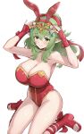  1girl absurdres alternate_costume animal_ear_hairband animal_ears armpits bare_arms bare_shoulders blush breasts cleavage closed_mouth commentary_request fake_animal_ears fingerless_gloves fire_emblem fire_emblem_awakening flower gloves gold_choker gonzarez green_eyes green_hair hair_flower hair_ornament hairband hands_up highres large_breasts leotard long_hair long_pointy_ears looking_at_viewer low_neckline nail_polish pink_nails playboy_bunny pointy_ears ponytail rabbit_ears rabbit_tail red_gloves red_leotard red_shoes sandals shoes simple_background sitting skindentation smile solo tail thighs tiara tiki_(adult)_(fire_emblem) tiki_(fire_emblem) toenail_polish toenails wariza white_background 