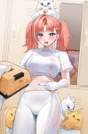  1girl 1other azur_lane baby_animal bird blue_eyes breasts commentary drooling gloves griffin_(azur_lane) griffin_(tensest_relaxation_therapy)_(azur_lane) hat highres holding_tape_measure indoors large_breasts looking_at_viewer manjuu_(azur_lane) medium_hair multicolored_hair navel nurse nurse_cap official_alternate_costume open_mouth orange_hair pantyhose qing_wu solo_focus streaked_hair tape_measure torn_clothes torn_gloves torn_pantyhose twintails white_gloves white_pantyhose white_streaks 