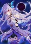  1girl absurdres bare_shoulders black_hole breasts broken_glass butterfly_hair_ornament commentary_request crystal_shards dress genshin_impact glass gradient_thighhighs hair_ornament highres is_(aisu) large_breasts looking_at_viewer purple_hands skirk_(genshin_impact) solo white_dress 