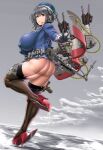  1girl aircraft airplane ass beret black_garter_straps black_gloves black_hair black_thighhighs blue_hat breasts brown_thighhighs cannon cloud commentary_request covered_nipples flight_deck frilled_sleeves frills from_side full_body garter_straps gloves gun handgun hat headphones headset high_heels highres holster holstered huge_breasts kantai_collection long_sleeves looking_at_viewer microphone microskirt military military_uniform monochrome_background nambu_pistol ocean parted_lips red_eyes rigging sagging_breasts saizu_nitou_gunsou ship_turret short_hair sidelocks skindentation skirt sky solo standing standing_on_liquid takao_(kancolle) thick_thighs thigh_holster thighhighs thighs torpedo_tubes weapon 
