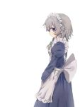  1girl absurdres apron back_bow blue_dress bow braid closed_mouth commentary dress from_side green_bow grey_hair hair_bow highres izayoi_sakuya juliet_sleeves long_hair long_sleeves looking_at_viewer maid maid_apron maid_headdress puffy_sleeves purple_eyes simple_background solo touhou twin_braids white_apron white_background white_bow yuanyuanshao 