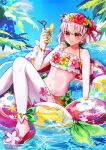  1girl absurdres bare_shoulders bikini blue_sky blush breasts commentary_request cup fate/grand_order fate_(series) flower_wreath green_bikini hair_ribbon head_wreath highres innertube kama_(fate) kama_(swimsuit_avenger)_(first_ascension)_(fate) kama_(young)_(fate) looking_at_viewer miniskirt navel rainbow_skirt red_eyes ribbon sandals short_hair skirt sky small_breasts smile solo swim_ring swimsuit tarako_(pixiv_119321734) thighhighs water white_hair white_thighhighs 