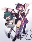  2girls absurdres alternate_costume animal_ears belt belt_collar bird_ears bird_wings black_boots black_choker black_leotard boots breasts brown_collar choker choujuu_gigaku cleavage collar commentary_request cross cross_necklace dog_ears dog_girl dog_tail fang green_eyes green_hair guitar highres holding holding_guitar holding_instrument holding_microphone_stand instrument jewelry kaden_(muxt8423) kasodani_kyouko leaning_forward leotard looking_at_viewer microphone_stand multiple_girls mystia_lorelei necklace open_mouth pink_eyes pink_hair pink_thighhighs playboy_bunny print_thighhighs purple_boots purple_leotard short_hair shrug_(clothing) singing skin_fang skindentation small_breasts smile speaker spiked_choker spikes star_(symbol) star_print strapless strapless_leotard tail thigh_belt thigh_strap thighhighs touhou white_shrug winged_hat wings 