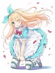  alice_(wonderland) alice_in_wonderland apron blonde_hair blue_eyes bow dress dress_tug green_eyes hair_ribbon hairband kneeling long_hair maigoyaki one_eye_closed open_mouth pantyhose petals ribbon shoes solo striped striped_legwear wind 