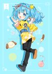  1girl :3 :d black_pants black_shoes blue_background blue_eyes blue_hair blue_sash blunt_bangs blush chizu_(421ooouy) chocolate-covered_food chocolate_banana commentary_request drop_shadow from_behind full_body hair_intakes hair_ornament hairclip indie_virtual_youtuber japanese_clothes kimono long_sleeves looking_at_viewer looking_back medium_hair obi open_mouth outline outstretched_arm pants parallel_hairclips pointing sample_watermark sash shoes sidelocks smile solo standing standing_on_one_leg virtual_youtuber watermark white_outline wide_sleeves x_hair_ornament yellow_kimono yuzuno_ponzu 