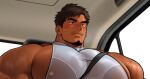  1boy bara blue_shirt blush broad_shoulders brown_eyes brown_hair car_interior chest_hair compression_shirt covered_nipples covered_pectorals cropped facial_hair goatee huge_pectorals kuromine_hiraya light_frown male_focus muscular muscular_arms muscular_male mustache_stubble nipple_slip nipples original pectorals seatbelt see-through_clothes see-through_shirt shiny_skin shirt sidepec skindentation sleeveless solo stubble sweatdrop thick_eyebrows tight_clothes tight_shirt turtleneck turtleneck_shirt 