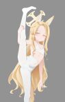  1girl absurdres animal_ear_fluff animal_ears artist_request bad_id bad_pixiv_id bare_shoulders blonde_hair blue_archive breasts bright_pupils closed_mouth collarbone covered_navel crotch_seam flexible foot_out_of_frame forehead fox_ears fox_girl fox_tail grey_background halo hand_on_own_leg hand_up highres light_blush long_hair looking_at_viewer no_shoes outstretched_hand pantyhose parted_bangs pink_eyes seia_(blue_archive) sidelocks simple_background small_breasts smile solo split sports_bra standing standing_on_one_leg standing_split tail thighband_pantyhose thighs tsurime very_long_hair wavy_ends white_pantyhose white_pupils white_sports_bra yellow_halo 