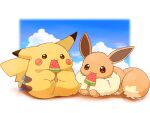  animal_focus blue_sky brown_eyes brown_fur closed_mouth cloud commentary_request eating eevee food food_in_mouth highres mimix no_humans pikachu pokemon pokemon_(creature) pokemon_focus popsicle sky watermelon_bar 