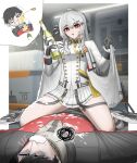  1boy 1girl absurdres black_gloves black_hair black_jacket bottle bright_pupils cape cheogtanbyeong commander_(girls'_frontline) commentary_request foaming_at_the_mouth girl_on_top girls'_frontline girls'_frontline_2:_exilium gloves highres holding holding_bottle iws_2000_(girls'_frontline) jacket korean_commentary long_hair military_jacket multicolored_jacket open_mouth pleated_skirt red_eyes red_jacket skirt squiggle straddling twitter_username two-tone_jacket white_cape white_hair white_jacket white_pupils white_skirt 