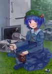  blue_eyes blue_hair blush boots bubble combination_wrench grass hair_bobbles hair_ornament hat highres holding indian_style kawashiro_nitori key long_sleeves machine microwave nattsuhan plant pocket refrigerator rubber_boots shirt sitting skirt skirt_set smile solo touhou two_side_up vacuum_cleaner wrench 
