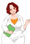  1girl asken black_eyes blush breasts brown_eyes brown_hair camisole cleavage clipboard coat commentary_request covered_navel cowboy_shot dot_nose embarrassed fat fatter_than_canon forehead hands_up head_tilt holding holding_clipboard lab_coat large_breasts long_sleeves looking_at_viewer messy_hair miki_(asken) open_hand open_mouth orange_camisole palms parted_bangs plump short_hair simple_background solo sweat sweatdrop thick_thighs thighs toyishiki_shizuoka wavy_hair wavy_mouth white_background white_coat wide_hips 