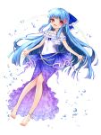  1girl akemitsume anklet aoi_dialogue bare_shoulders barefoot blue_hair breasts chain_paradox coral_hair_ornament covered_navel full_body hair_ornament highres jewelry long_hair looking_at_viewer red_eyes sidelocks small_breasts smile solo transparent_background very_long_hair 
