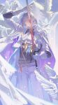  1boy absurdres arch ascot belt bird black_shirt cael_anselm cael_anselm_(godheim) cape chinese_commentary closed_mouth commentary_request cowboy_shot cropped_jacket dove expressionless frilled_shirt_collar frills gloves hair_between_eyes hand_up highres holding holding_sword holding_weapon jacket lace_trim lapels layered_sleeves light_particles long_bangs long_hair long_sleeves looking_at_viewer lovebrush_chronicles lu_hua_san_yue male_focus one_eye_covered open_clothes open_jacket pants print_ascot purple_cape purple_eyes shawl_lapels shirt short_over_long_sleeves short_sleeves solo spade_(shape) standing statue sweater_guard sword sword_in_front_of_face two-sided_cape two-sided_fabric very_long_hair weapon white_ascot white_belt white_cape white_gloves white_hair white_jacket white_pants 