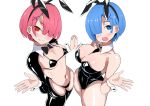  2girls 8oars absurdres between_breasts bikini black_bikini black_necktie black_pantyhose black_shrug blue_eyes blue_hair blush bowl_cut breasts cleavage clothes_between_breasts commentary_request detached_collar highres interlocked_fingers large_breasts looking_at_viewer micro_bikini multiple_girls navel necktie necktie_between_breasts open_mouth pantyhose pink_hair playboy_bunny ram_(re:zero) re:zero_kara_hajimeru_isekai_seikatsu red_eyes rem_(re:zero) reverse_bunnysuit reverse_outfit short_hair shrug_(clothing) siblings simple_background sisters small_breasts stomach swimsuit thighs white_background wrist_cuffs 