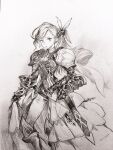  1girl armor belt breasts collared_dress commentary_request dress dress_shirt feet_out_of_frame gauntlets graphite_(medium) hair_ornament heart heart_print highres jun_(navigavi) knee_armor leg_armor long_hair looking_at_viewer looking_to_the_side monochrome original pants paper_background parted_lips pauldrons photo_(medium) ponytail scabbard sheath shirt shoulder_armor sketch small_breasts solo sword traditional_media weapon wing_hair_ornament 