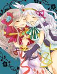  2girls black_cape black_gloves blue_background blue_bow blue_bowtie blush bow bowtie breasts brown_hair cape closed_eyes commentary_request cowboy_shot detached_sleeves dormir_(challco) dress fur-trimmed_cape fur-trimmed_gloves fur_collar fur_trim gloves hair_bow hair_ribbon high_wizard_(ragnarok_online) hug long_hair multiple_girls open_mouth pointy_ears ragnarok_online red_ribbon ribbon sleeveless sleeveless_dress small_breasts smile sorcerer_(ragnarok_online) striped_bow striped_bowtie striped_clothes white_dress white_hair white_sleeves 